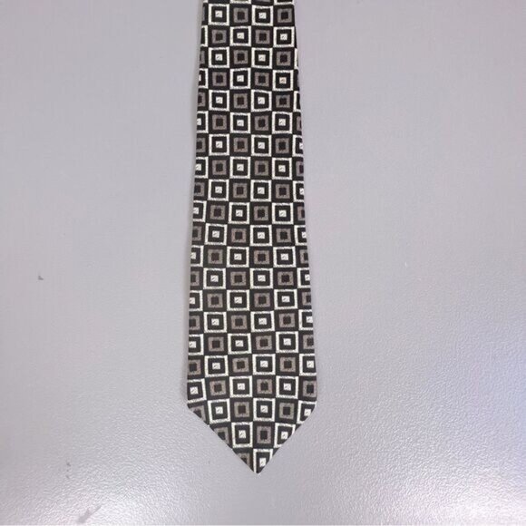GIVENCHY MENS SILK TIE BLACK WITH GRAY SQUARE DESIGN - Picture 1 of 3